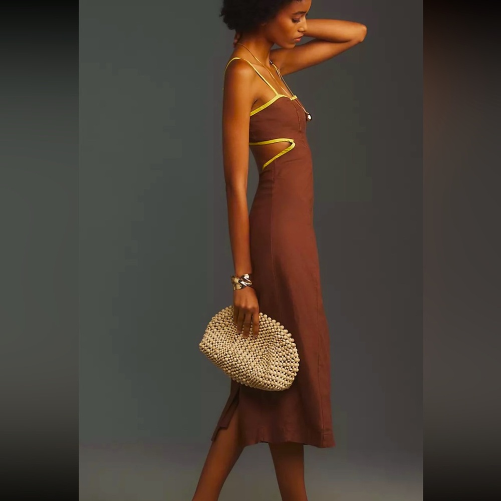 Anthropologie Brown Midi Dress with Yellow Trim